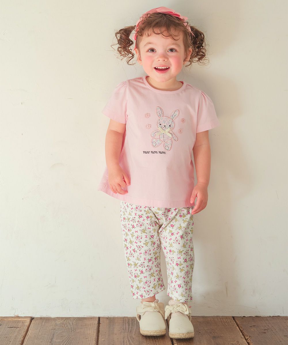 ベビー服 女の子 オーガニックコットン 花柄 7分丈 レギンスパンツ ピンク(02) モデル画像アップ