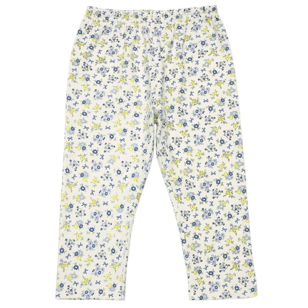 ベビー服 女の子 オーガニックコットン 花柄 7分丈 レギンスパンツ ブルー(61) 正面