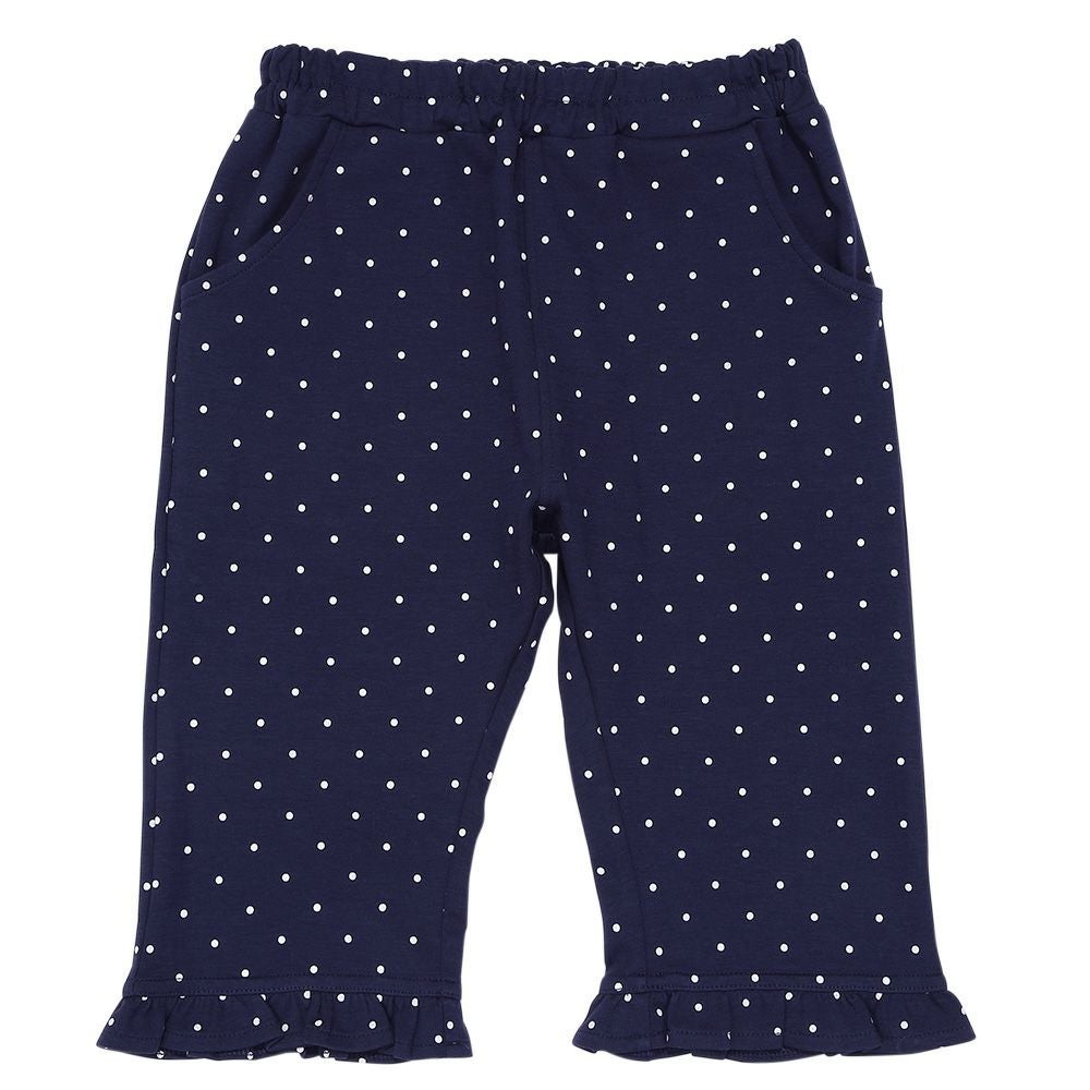 ベビー服 女の子 オーガニックコットン ドット柄 フリル 6分丈パンツ ネイビー(06) 正面
