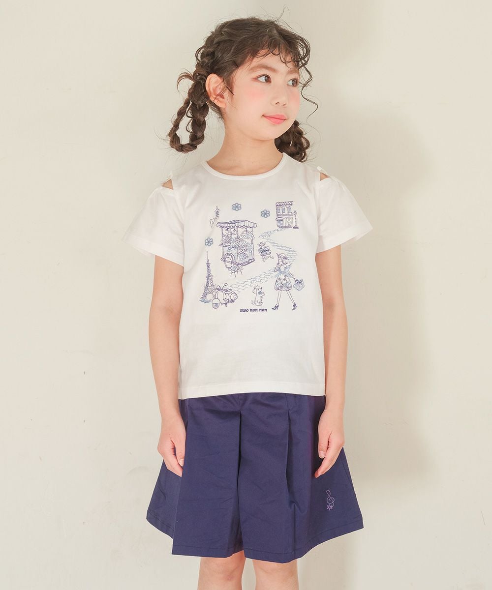 子供服 女の子 ストレッチツイル 音符刺繍 プリーツ キュロットパンツ ネイビー(06) モデル画像全身