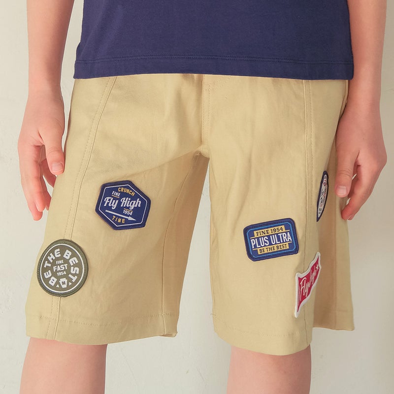 子供服 男の子 子ども服 こども キッズ ジュニア ストレッチツイル ロゴワッペン ポケットつき ハーフ丈パンツ