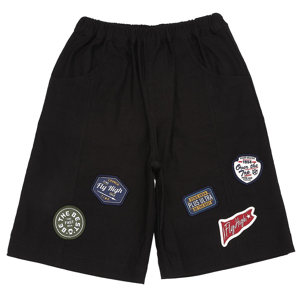 子供服 男の子 子ども服 こども キッズ ジュニア ストレッチツイル ロゴワッペン ポケットつき ハーフ丈パンツ ブラック(00) 正面