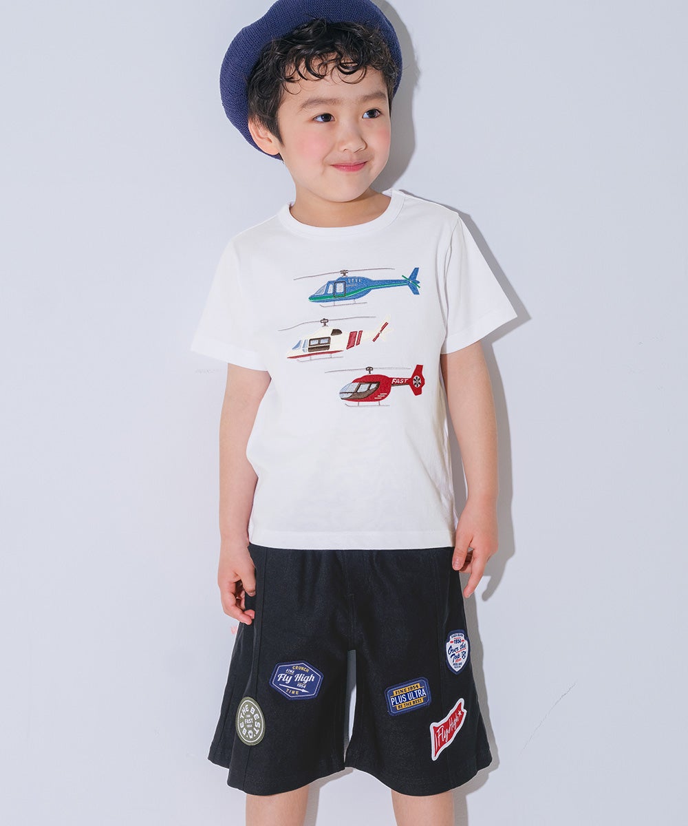 子供服 男の子 子ども服 こども キッズ ジュニア ストレッチツイル ロゴワッペン ポケットつき ハーフ丈パンツ ブラック(00) モデル画像アップ