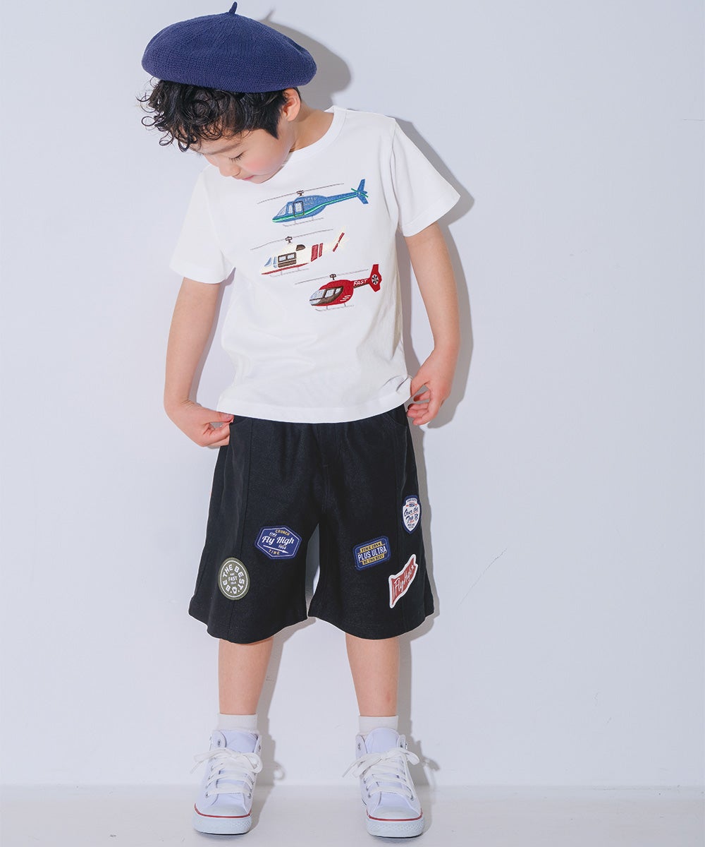 子供服 男の子 子ども服 こども キッズ ジュニア ストレッチツイル ロゴワッペン ポケットつき ハーフ丈パンツ ブラック(00) モデル画像全身