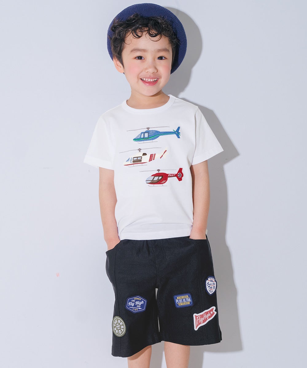 子供服 男の子 子ども服 こども キッズ ジュニア ストレッチツイル ロゴワッペン ポケットつき ハーフ丈パンツ ブラック(00) モデル画像1