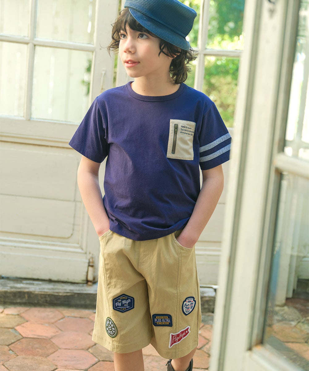 子供服 男の子 子ども服 こども キッズ ジュニア ストレッチツイル ロゴワッペン ポケットつき ハーフ丈パンツ ベージュ(51) モデル画像全身