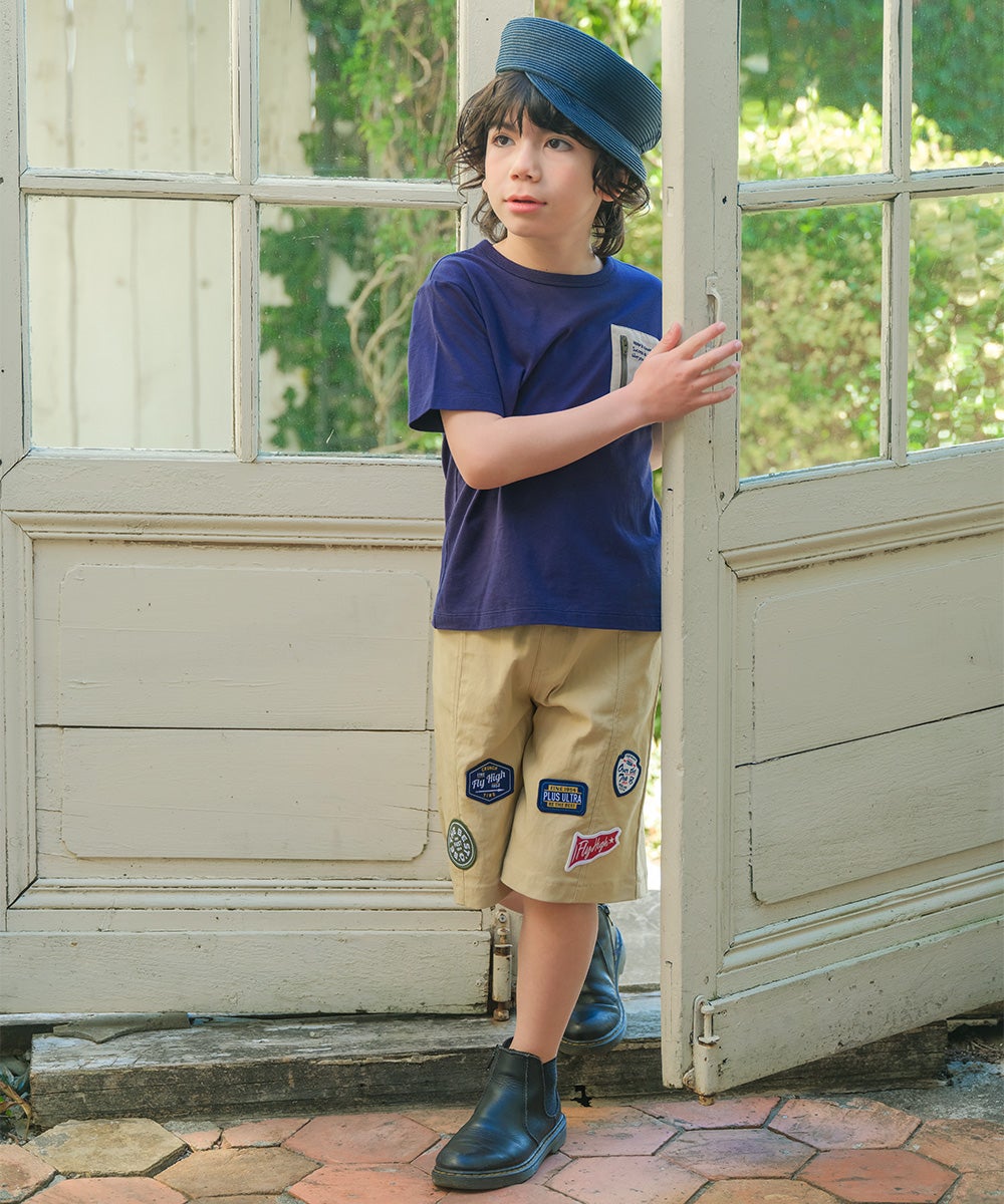 子供服 男の子 子ども服 こども キッズ ジュニア ストレッチツイル ロゴワッペン ポケットつき ハーフ丈パンツ ベージュ(51) モデル画像1