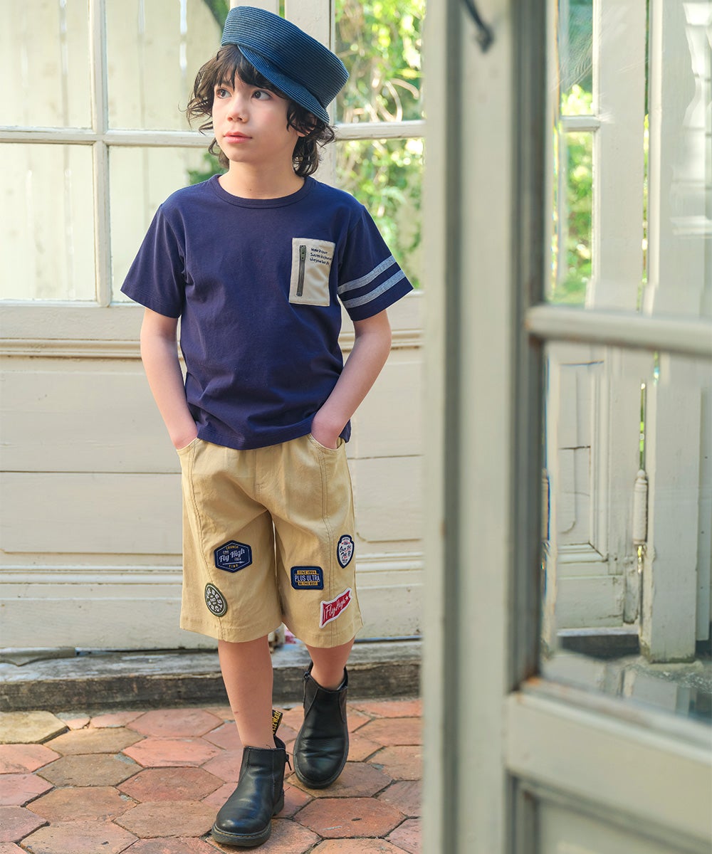 子供服 男の子 子ども服 こども キッズ ジュニア ストレッチツイル ロゴワッペン ポケットつき ハーフ丈パンツ ベージュ(51) モデル画像4