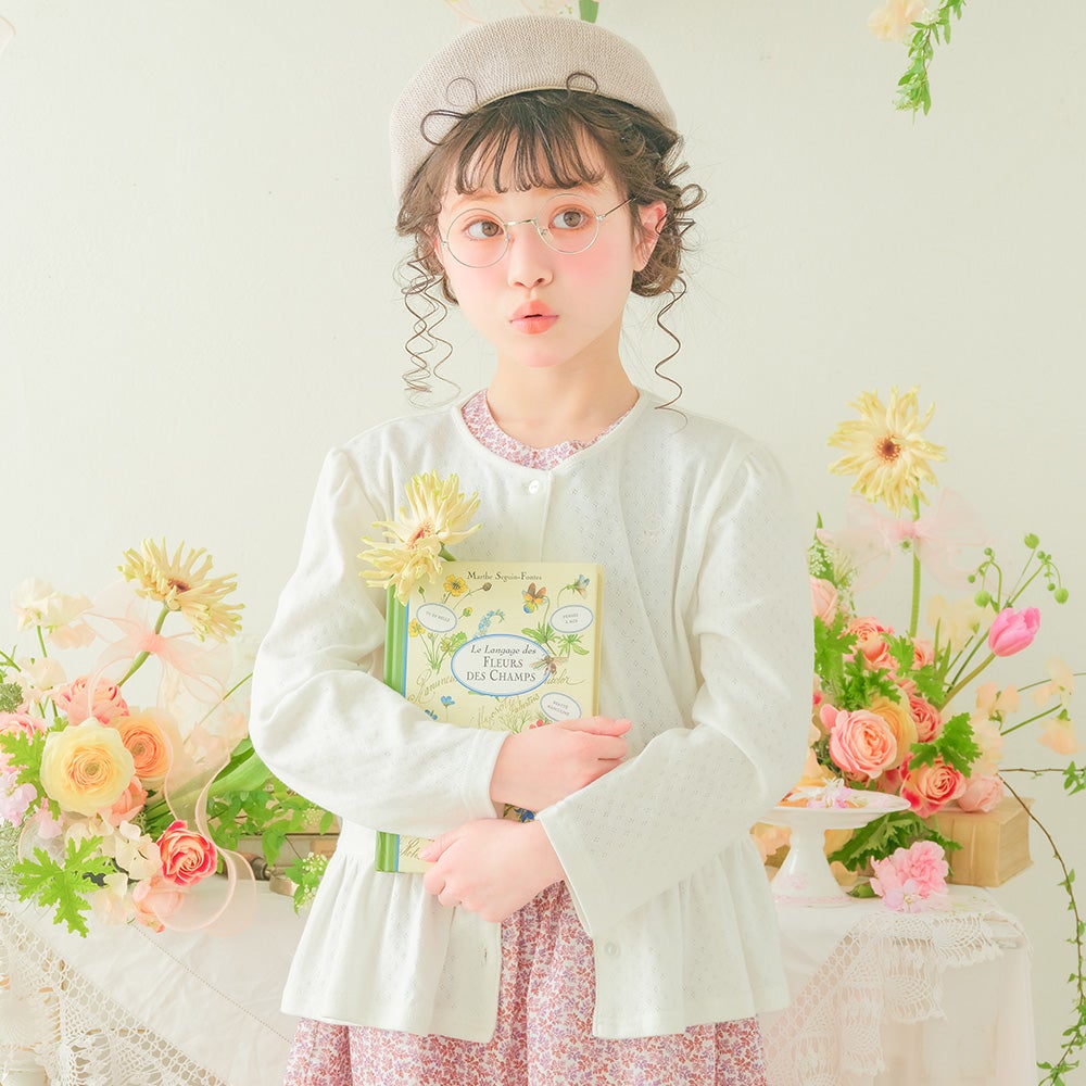 ベビー服 女の子 柄編み 音符刺繍 フリルカーディガン