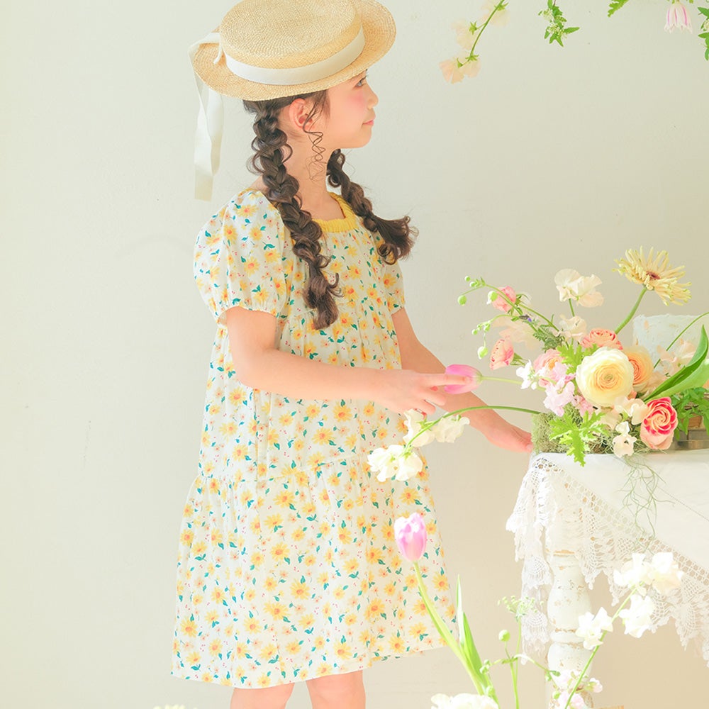 ベビー服 女の子 花柄 スクエアネック ギャザーワンピース