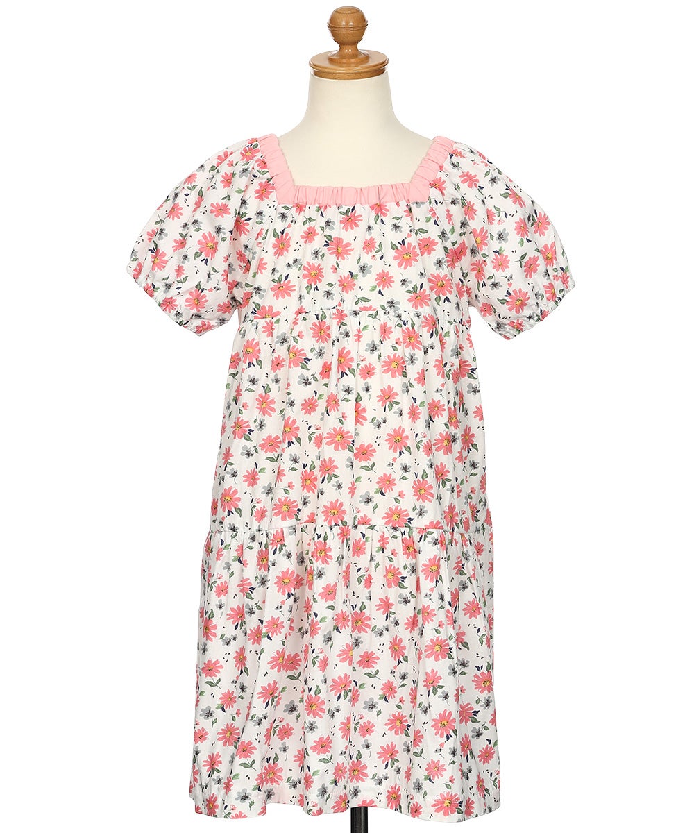 ベビー服 女の子 子ども服 こども キッズ 花柄 スクエアネック Aライン ギャザーワンピース ピンク(02) トルソー背面