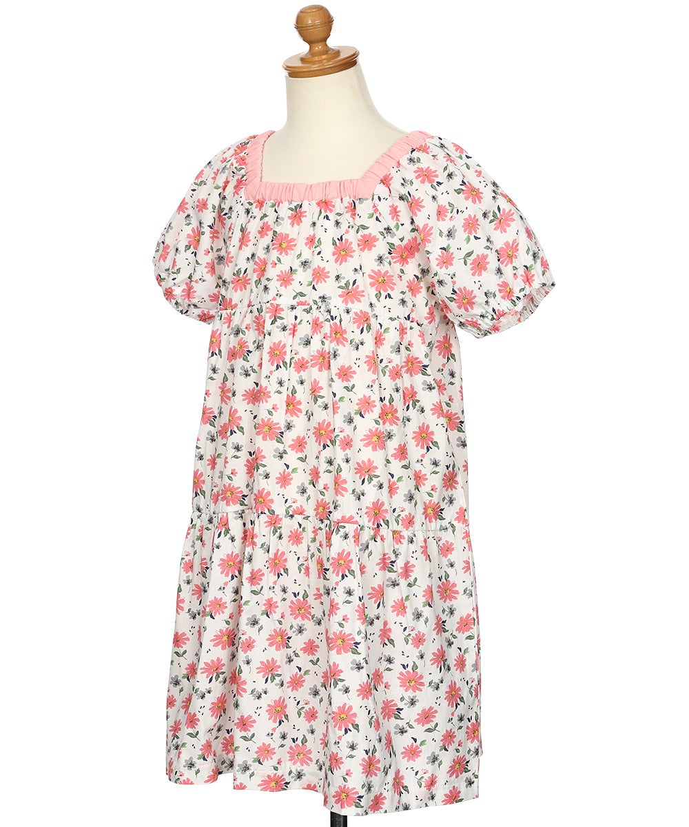 ベビー服 女の子 子ども服 こども キッズ 花柄 スクエアネック Aライン ギャザーワンピース ピンク(02) トルソー斜め