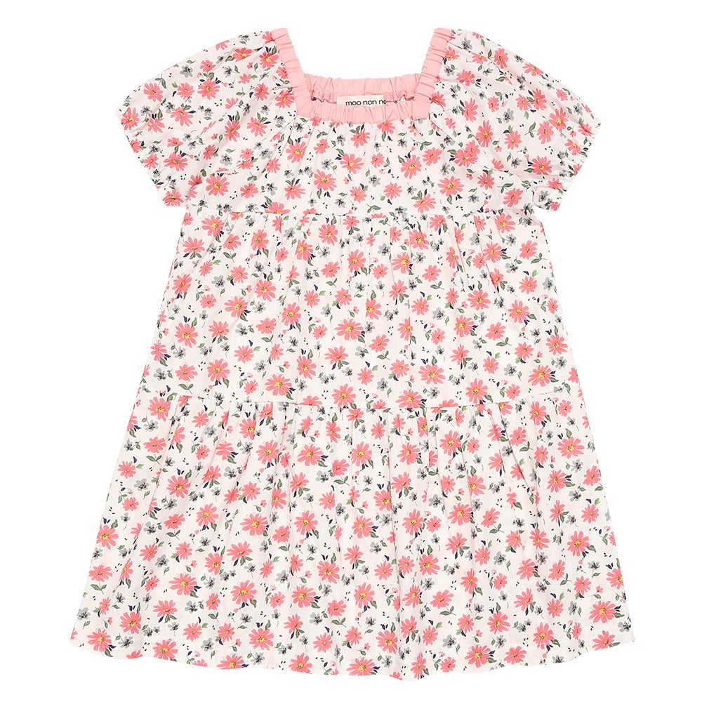 ベビー服 女の子 子ども服 こども キッズ 花柄 スクエアネック Aライン ギャザーワンピース ピンク(02) 正面