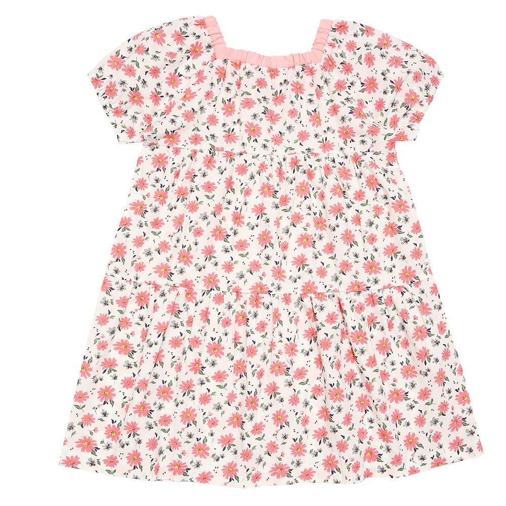 ベビー服 女の子 子ども服 こども キッズ 花柄 スクエアネック Aライン ギャザーワンピース ピンク(02) 背面