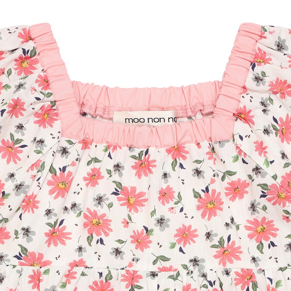 ベビー服 女の子 花柄 スクエアネック ギャザーワンピース ピンク(02) デザインポイント1