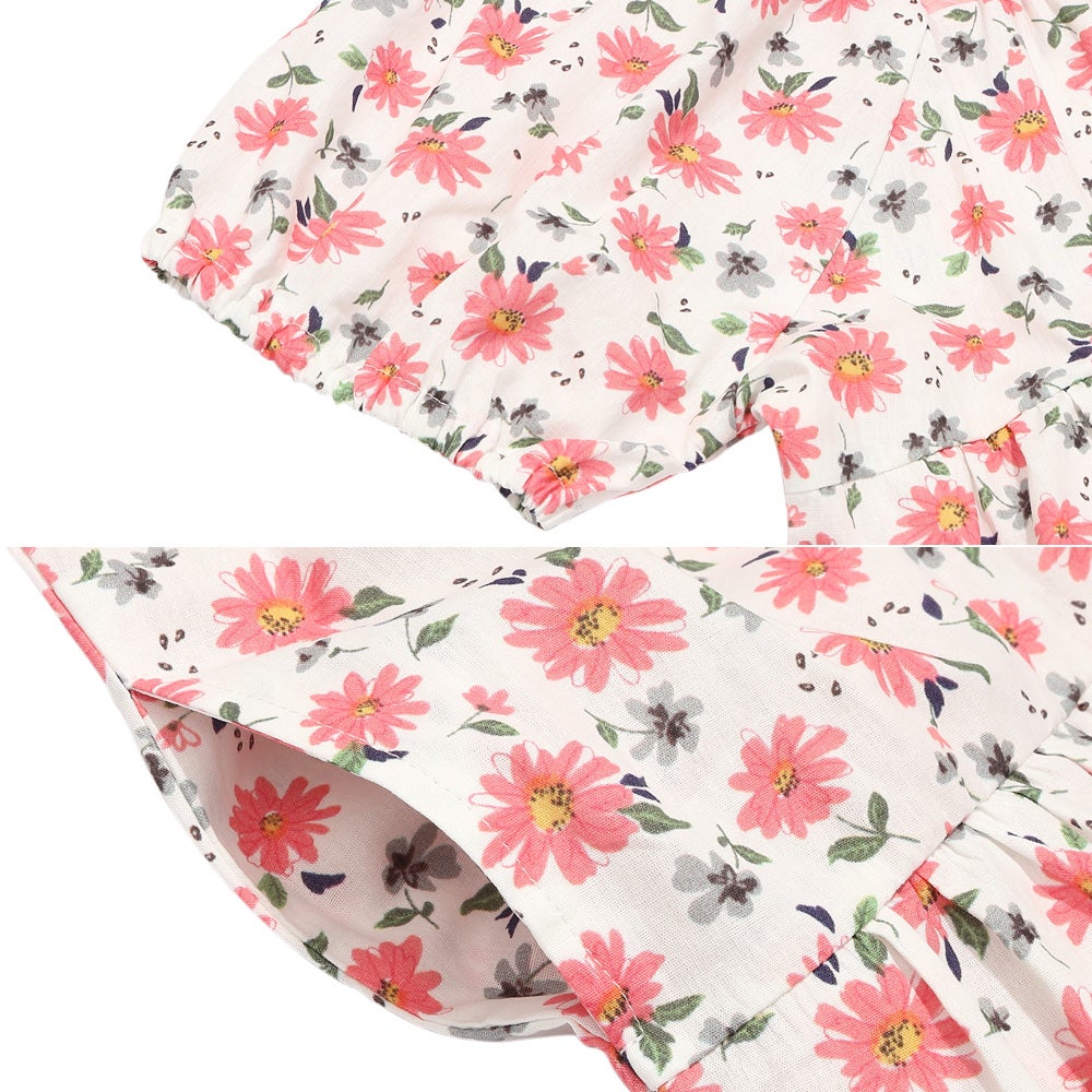 ベビー服 女の子 花柄 スクエアネック ギャザーワンピース ピンク(02) デザインポイント2