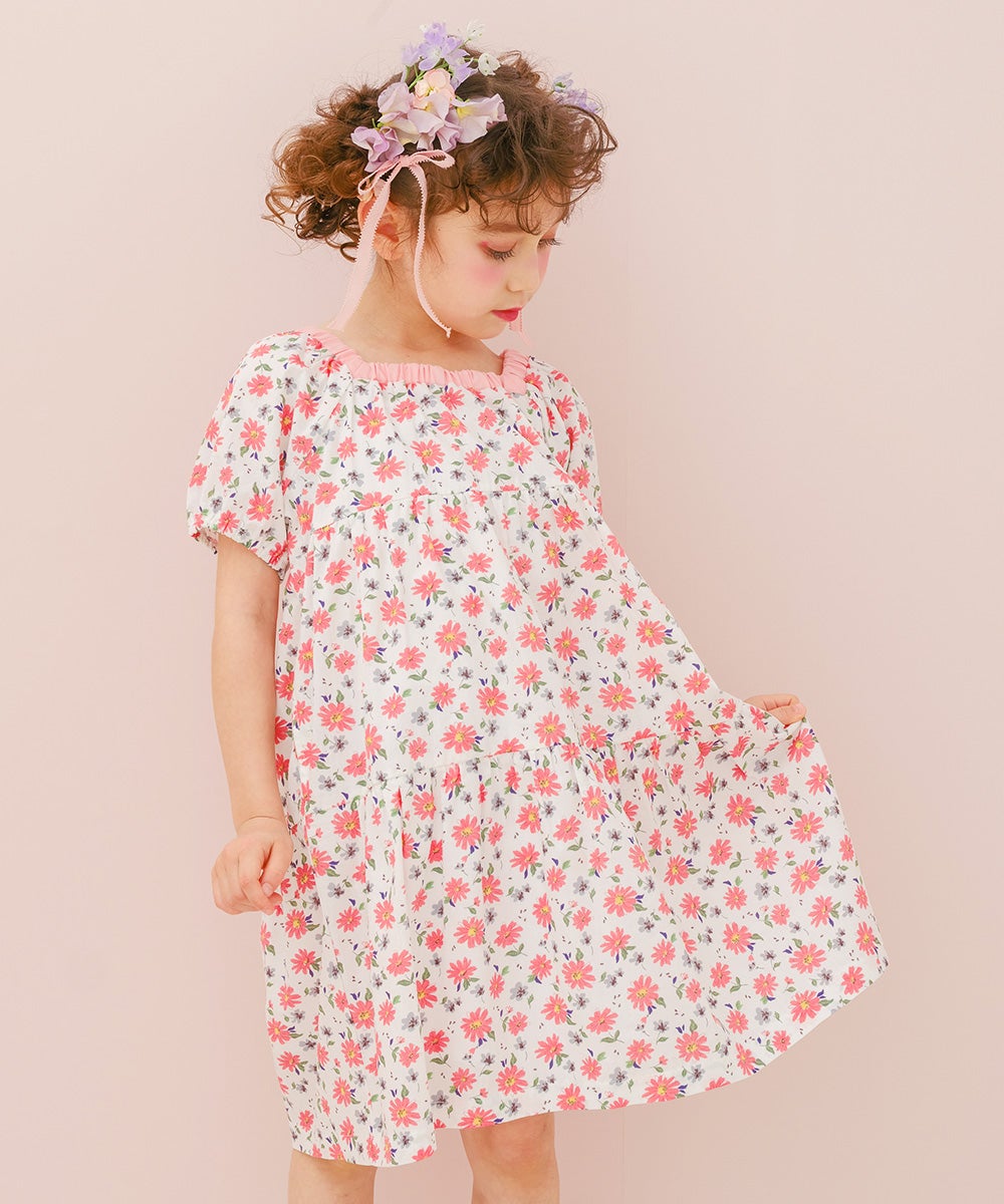 ベビー服 女の子 子ども服 こども キッズ 花柄 スクエアネック Aライン ギャザーワンピース ピンク(02) モデル画像全身