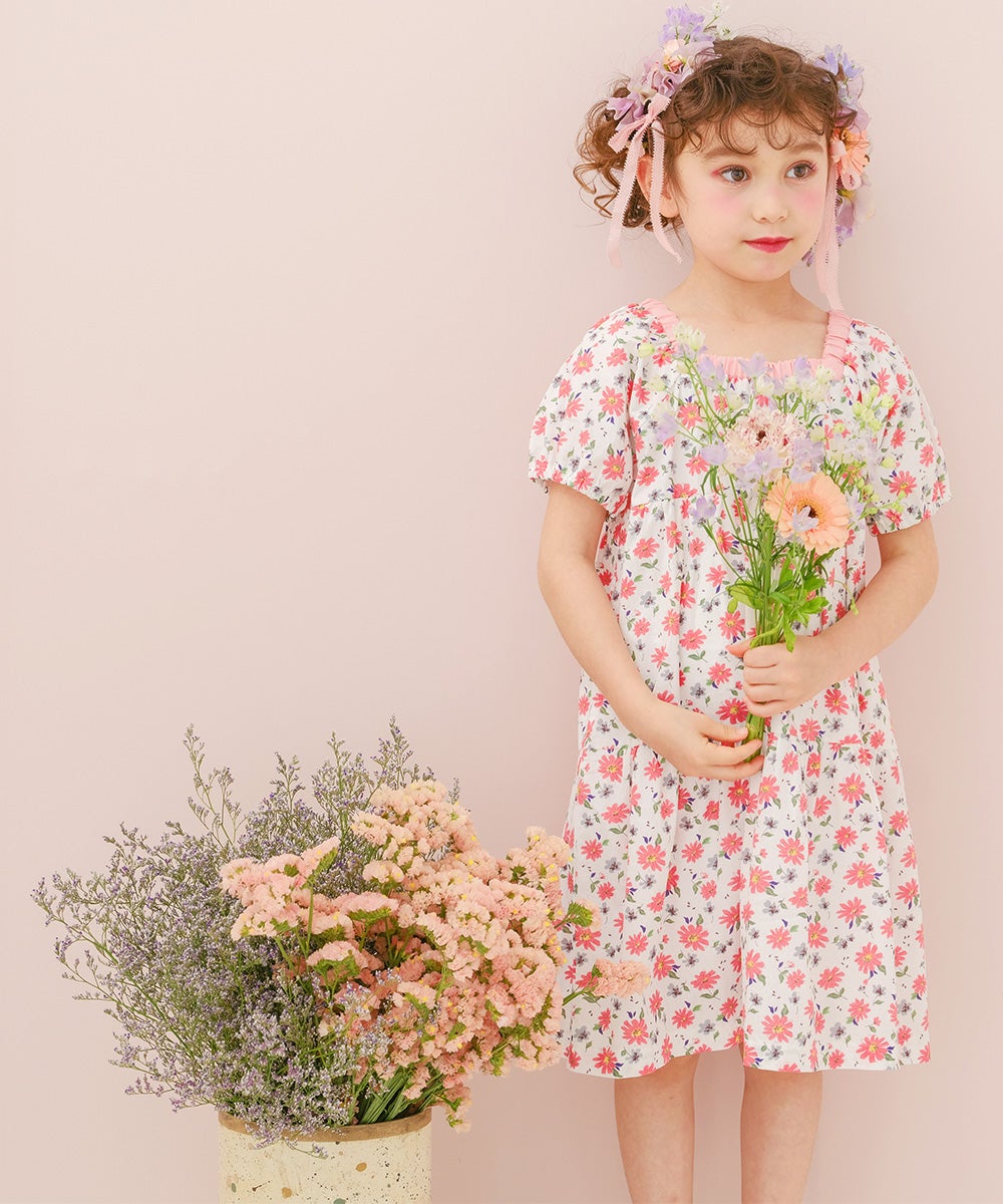 ベビー服 女の子 子ども服 こども キッズ 花柄 スクエアネック Aライン ギャザーワンピース ピンク(02) モデル画像2