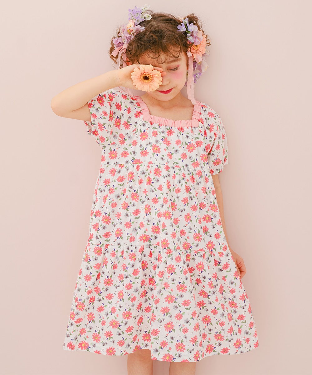 ベビー服 女の子 子ども服 こども キッズ 花柄 スクエアネック Aライン ギャザーワンピース ピンク(02) モデル画像3