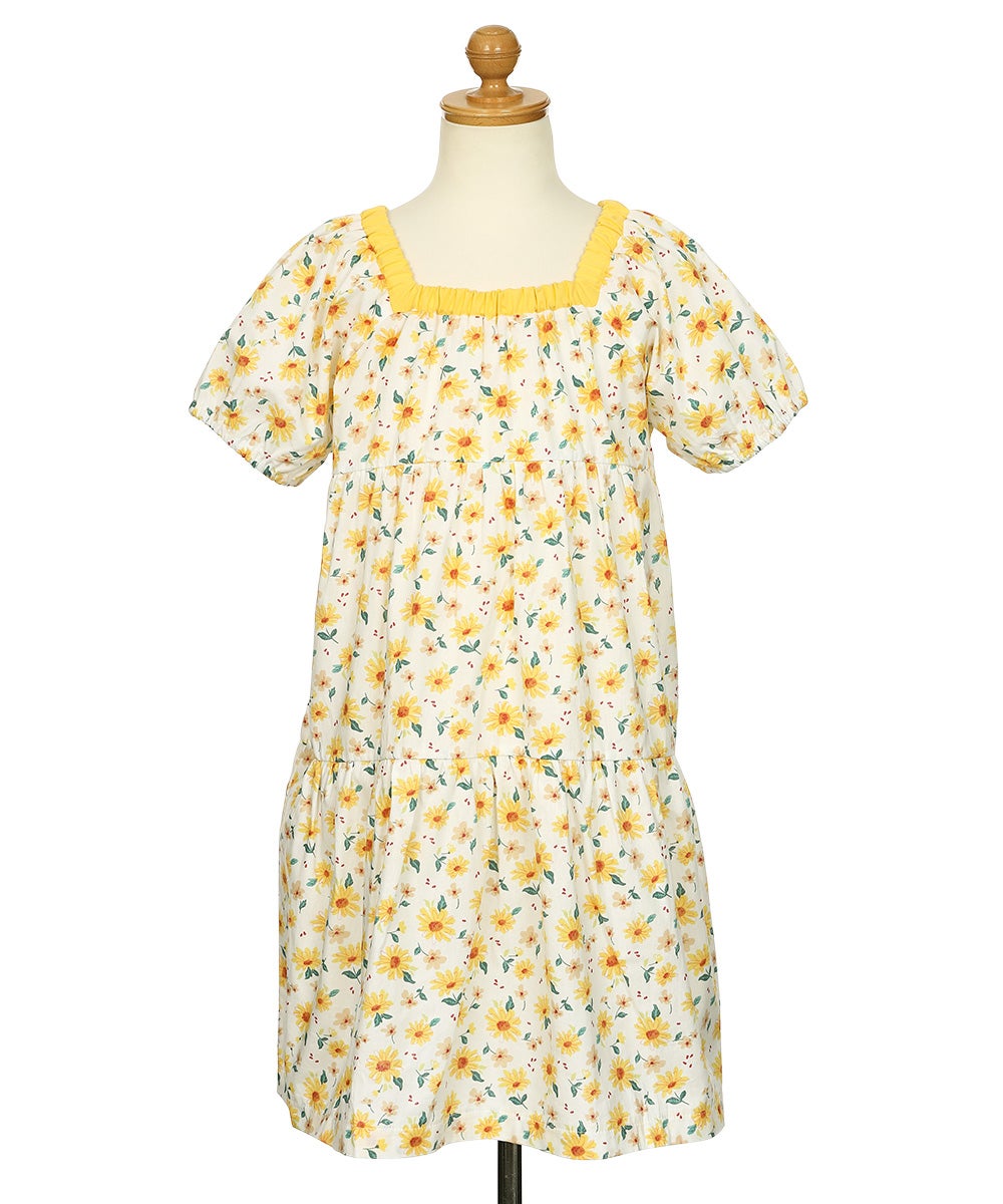 ベビー服 女の子 子ども服 こども キッズ 花柄 スクエアネック Aライン ギャザーワンピース イエロー(04) トルソー正面