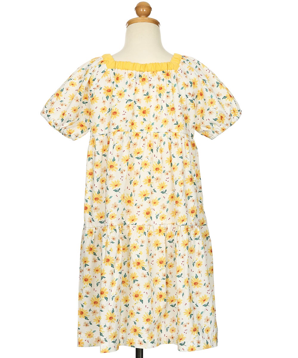 ベビー服 女の子 子ども服 こども キッズ 花柄 スクエアネック Aライン ギャザーワンピース イエロー(04) トルソー背面