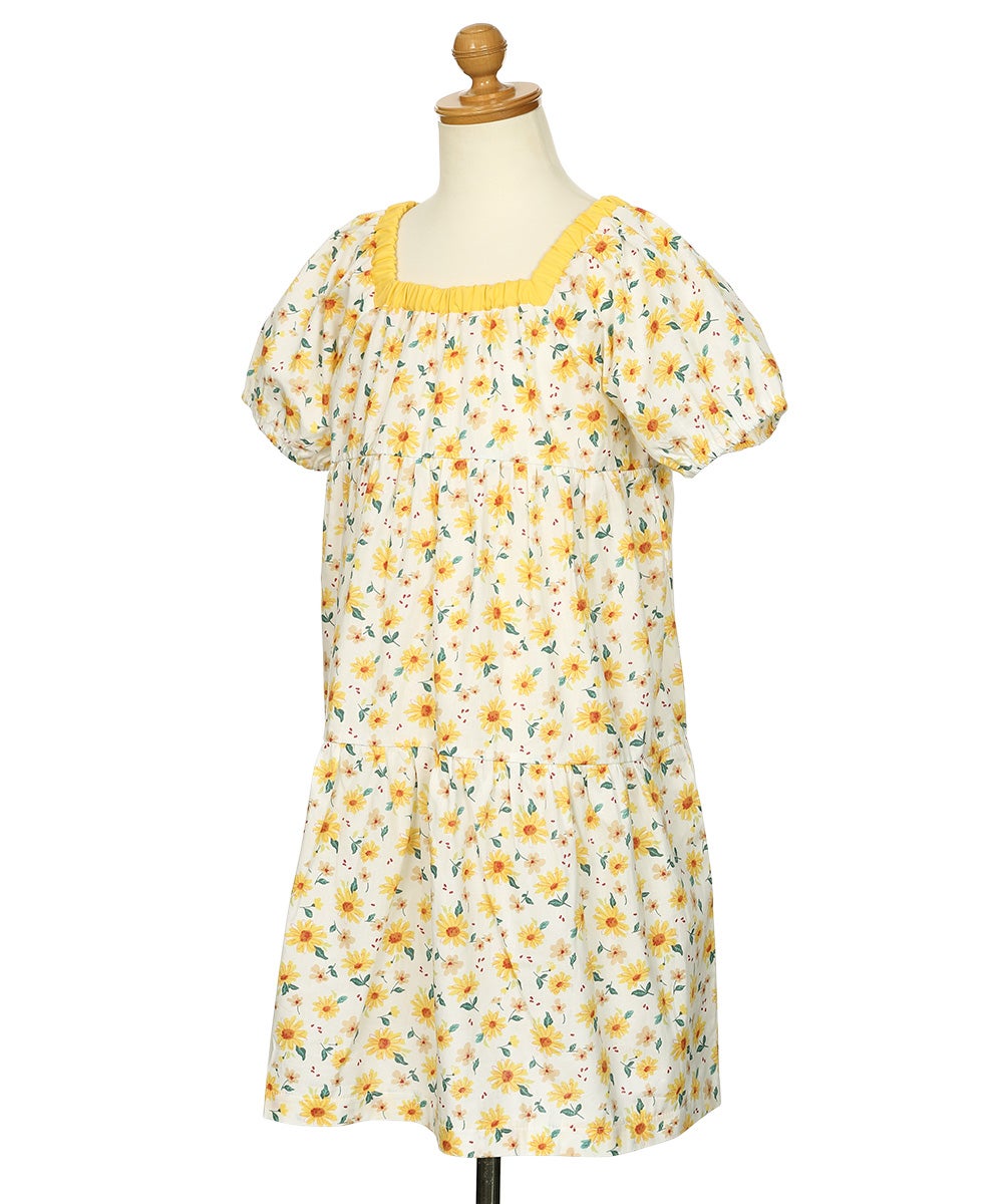 ベビー服 女の子 子ども服 こども キッズ 花柄 スクエアネック Aライン ギャザーワンピース イエロー(04) トルソー斜め