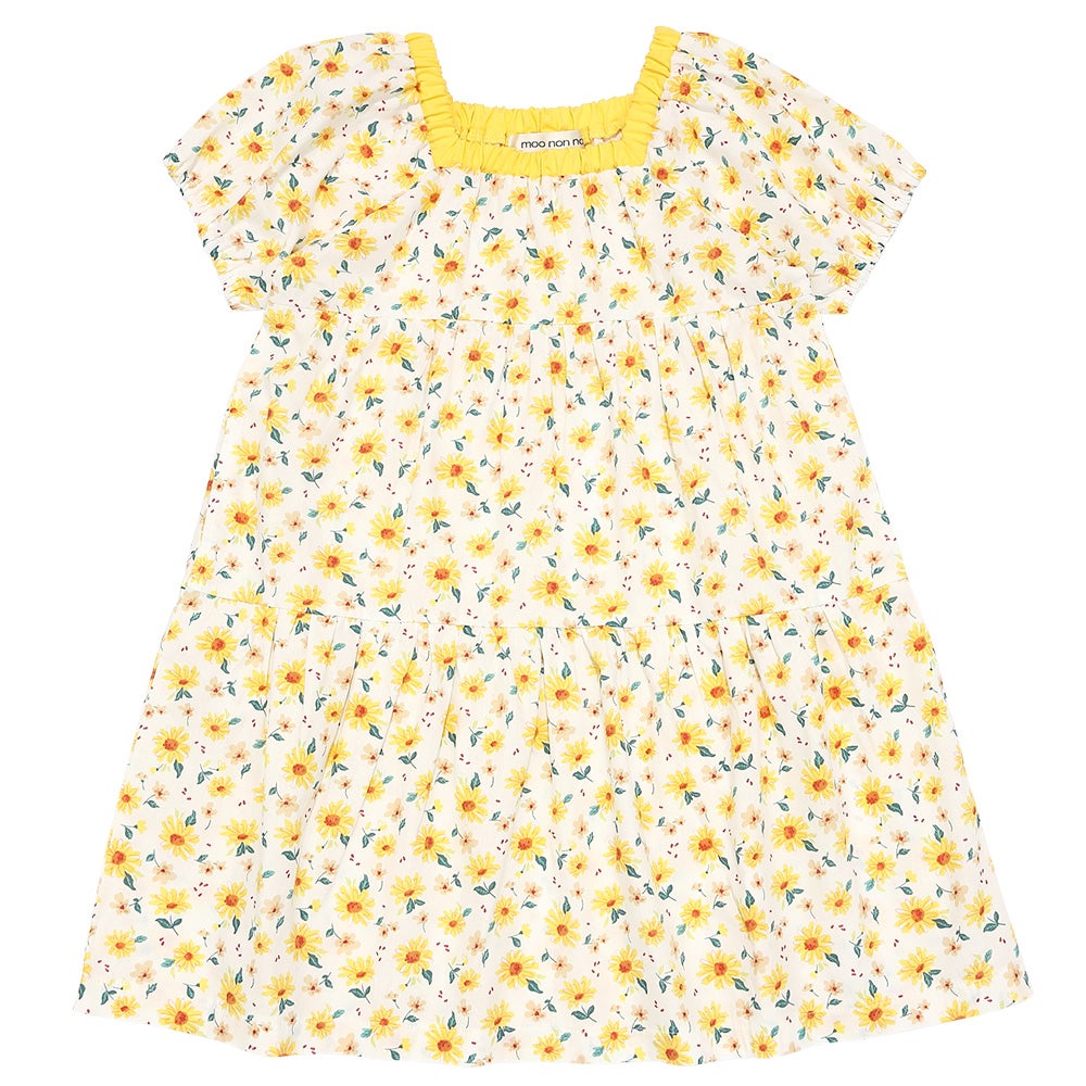 ベビー服 女の子 子ども服 こども キッズ 花柄 スクエアネック Aライン ギャザーワンピース イエロー(04) 正面