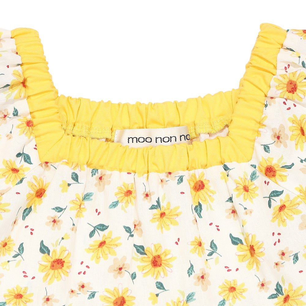 ベビー服 女の子 子ども服 こども キッズ 花柄 スクエアネック Aライン ギャザーワンピース イエロー(04) デザインポイント1