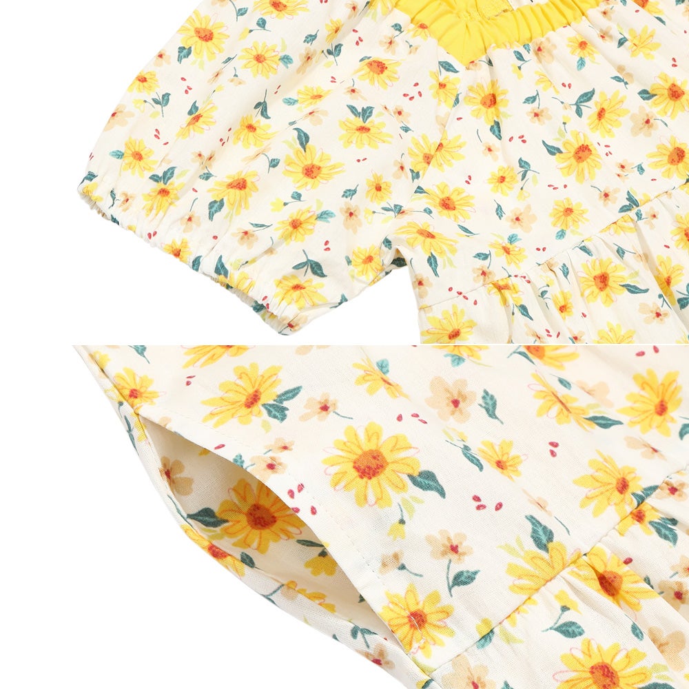 ベビー服 女の子 花柄 スクエアネック ギャザーワンピース イエロー(04) デザインポイント2