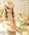 ベビー服 女の子 花柄 スクエアネック ギャザーワンピース イエロー(04) モデル画像アップ