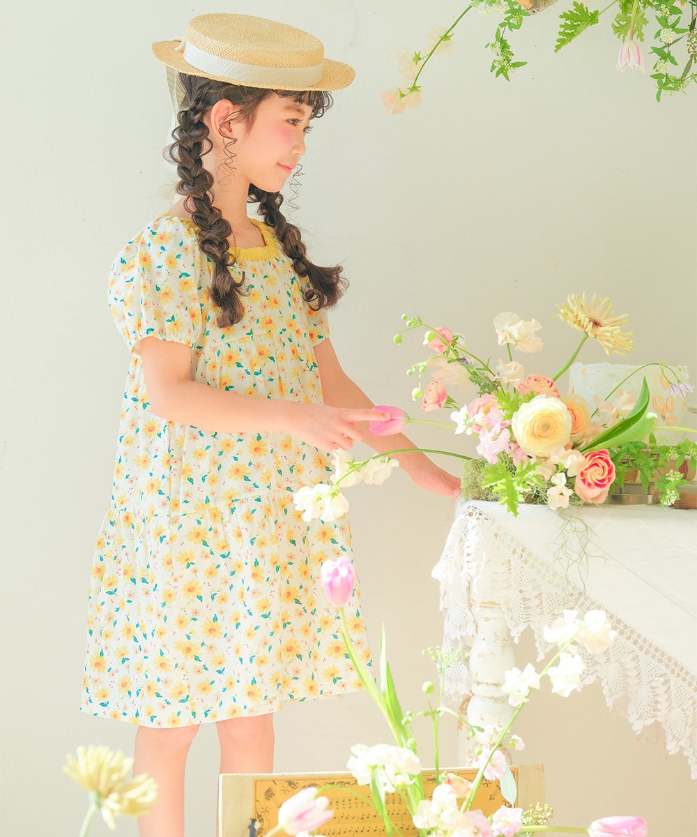 ベビー服 女の子 子ども服 こども キッズ 花柄 スクエアネック Aライン ギャザーワンピース イエロー(04) モデル画像2