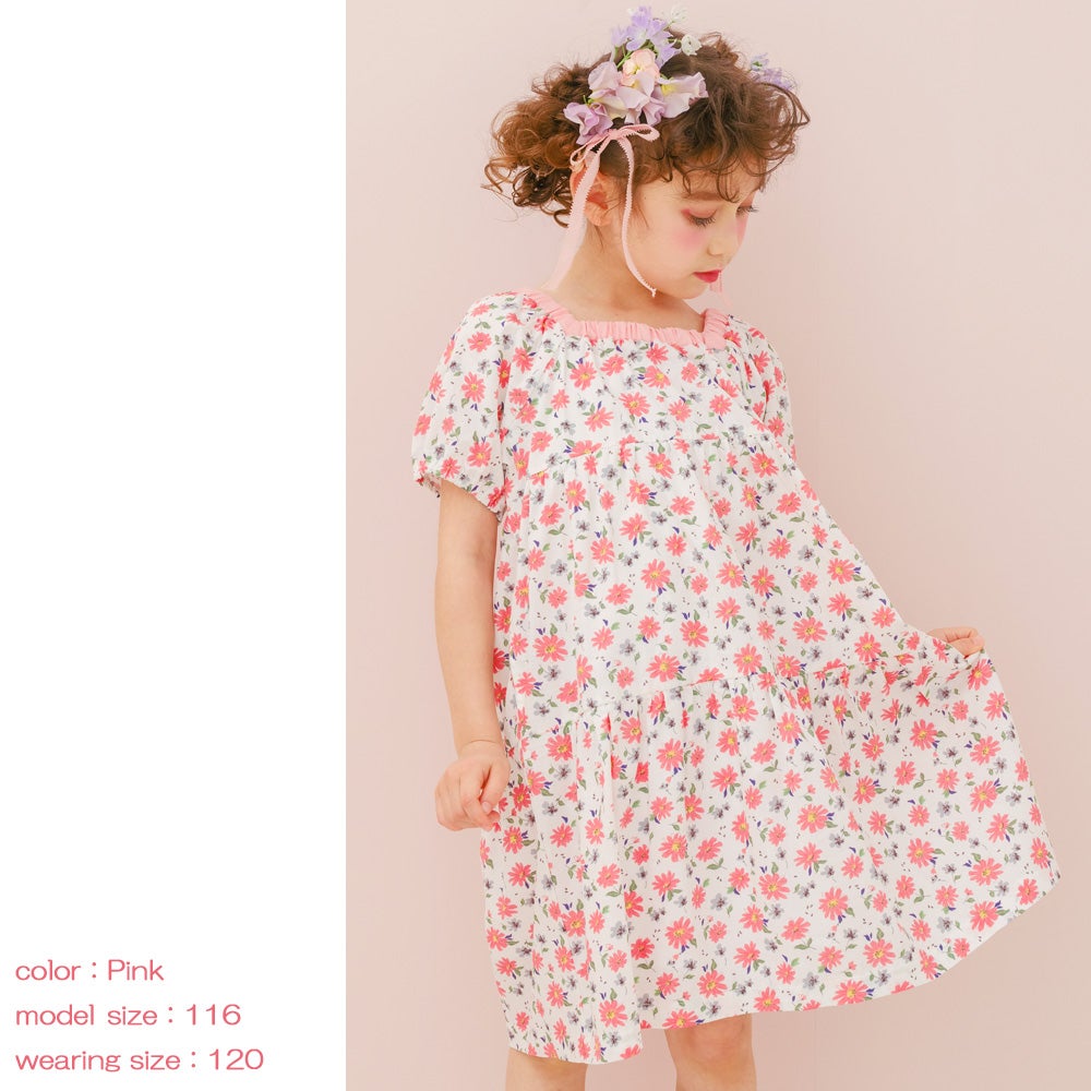 ベビー服 女の子 子ども服 こども キッズ 花柄 スクエアネック Aライン ギャザーワンピース