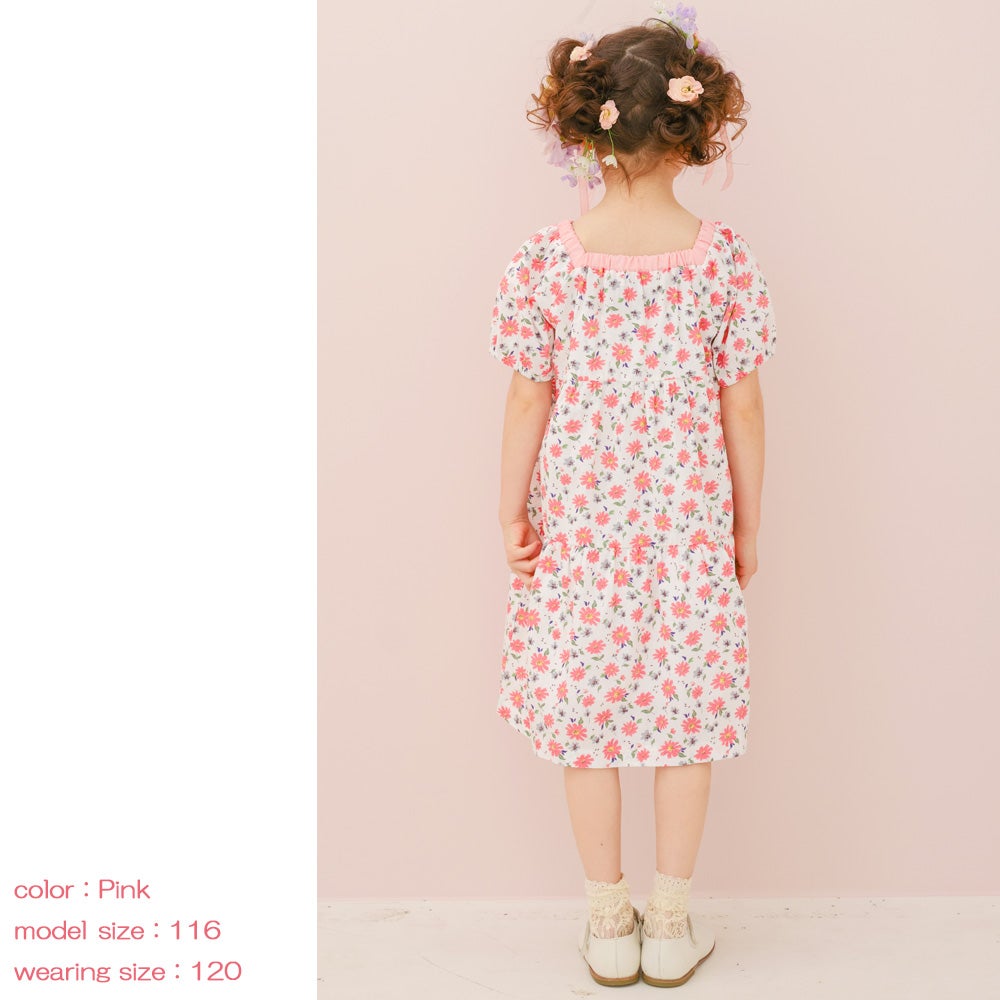 ベビー服 女の子 子ども服 こども キッズ 花柄 スクエアネック Aライン ギャザーワンピース