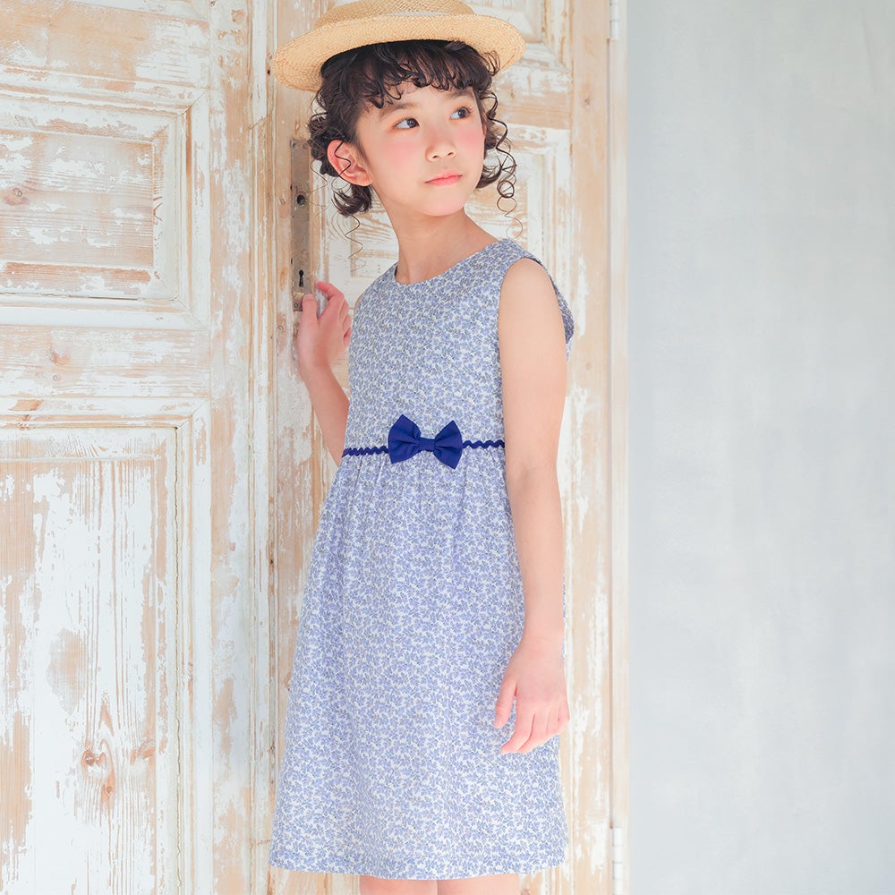 ベビー服 女の子 綿100％ 小花柄 リボン ギャザーワンピース