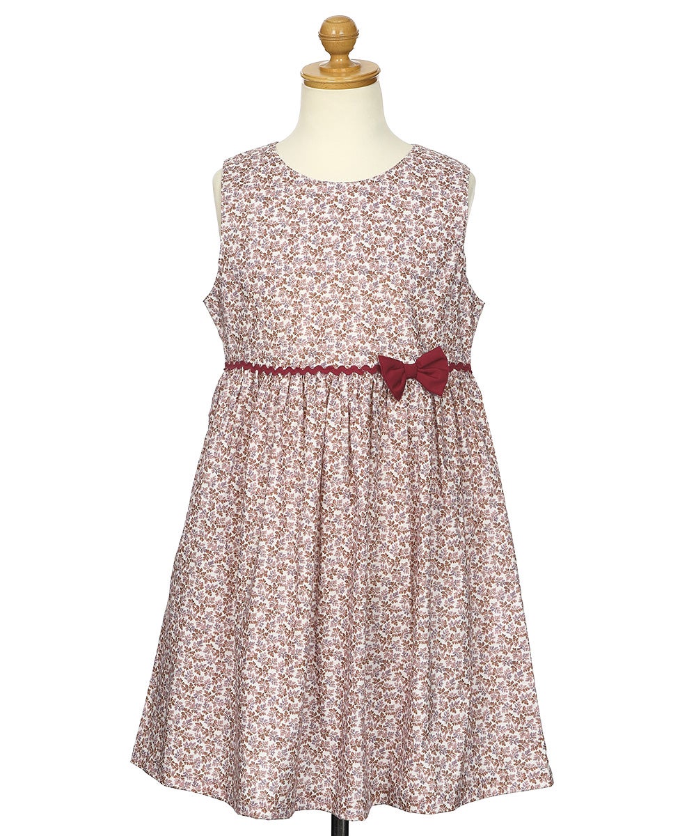 ベビー服 女の子 綿100％ 小花柄 リボン ギャザーワンピース ピンク(02) トルソー背面