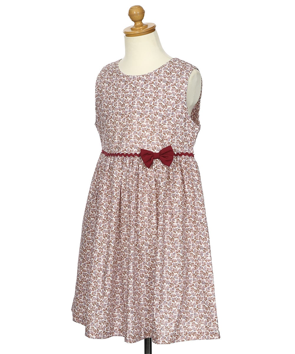 ベビー服 女の子 綿100％ 小花柄 リボン ギャザーワンピース ピンク(02) トルソー斜め