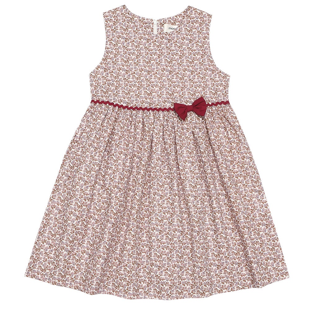 ベビー服 女の子 綿100％ 小花柄 リボン ギャザーワンピース ピンク(02) 正面