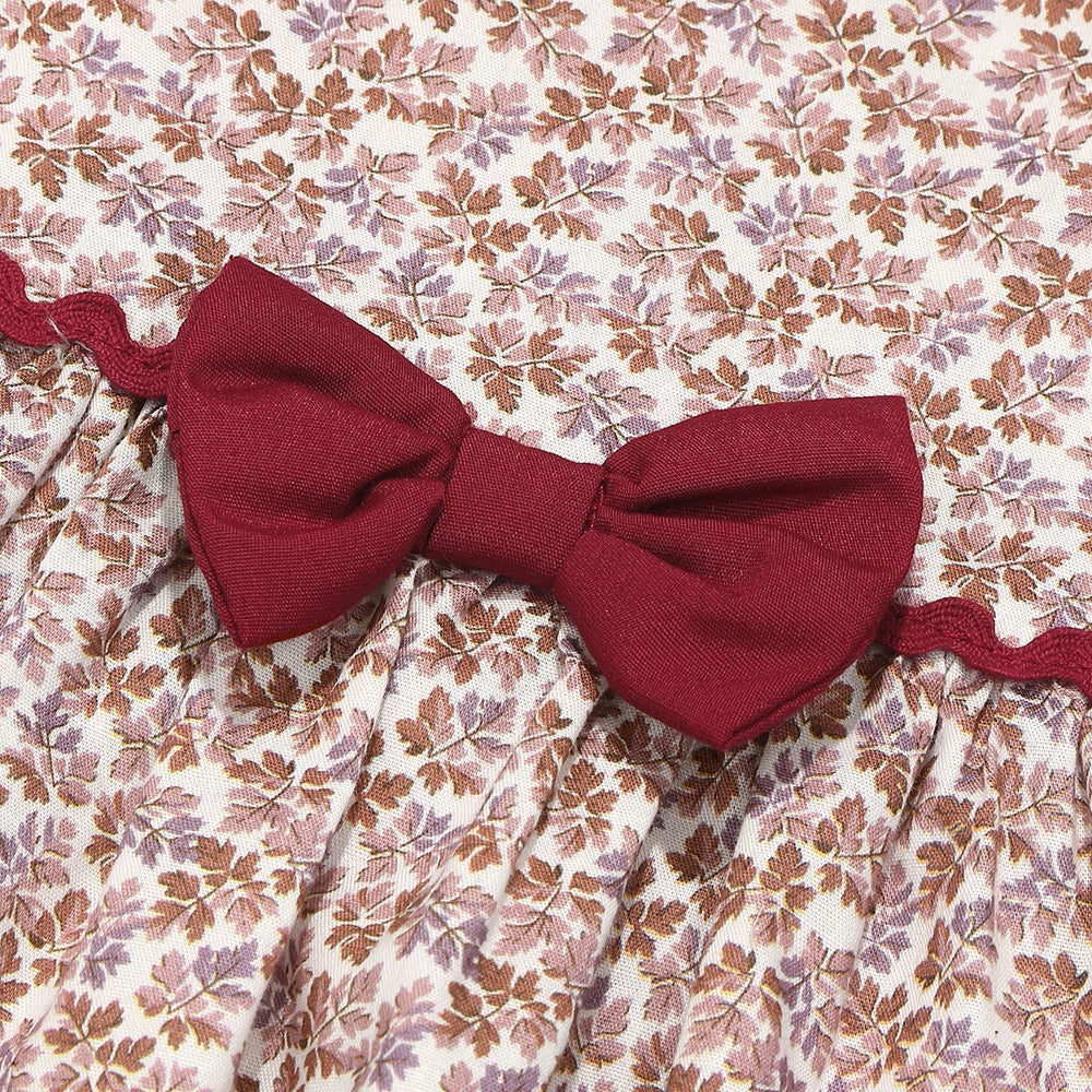 ベビー服 女の子 綿100％ 小花柄 リボン ギャザーワンピース ピンク(02) デザインポイント1