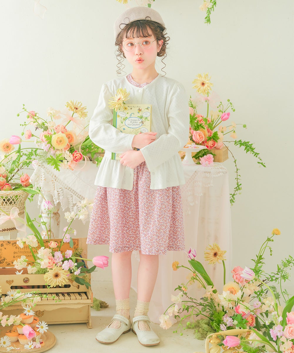 ベビー服 女の子 綿100％ 小花柄 リボン ギャザーワンピース ピンク(02) モデル画像1