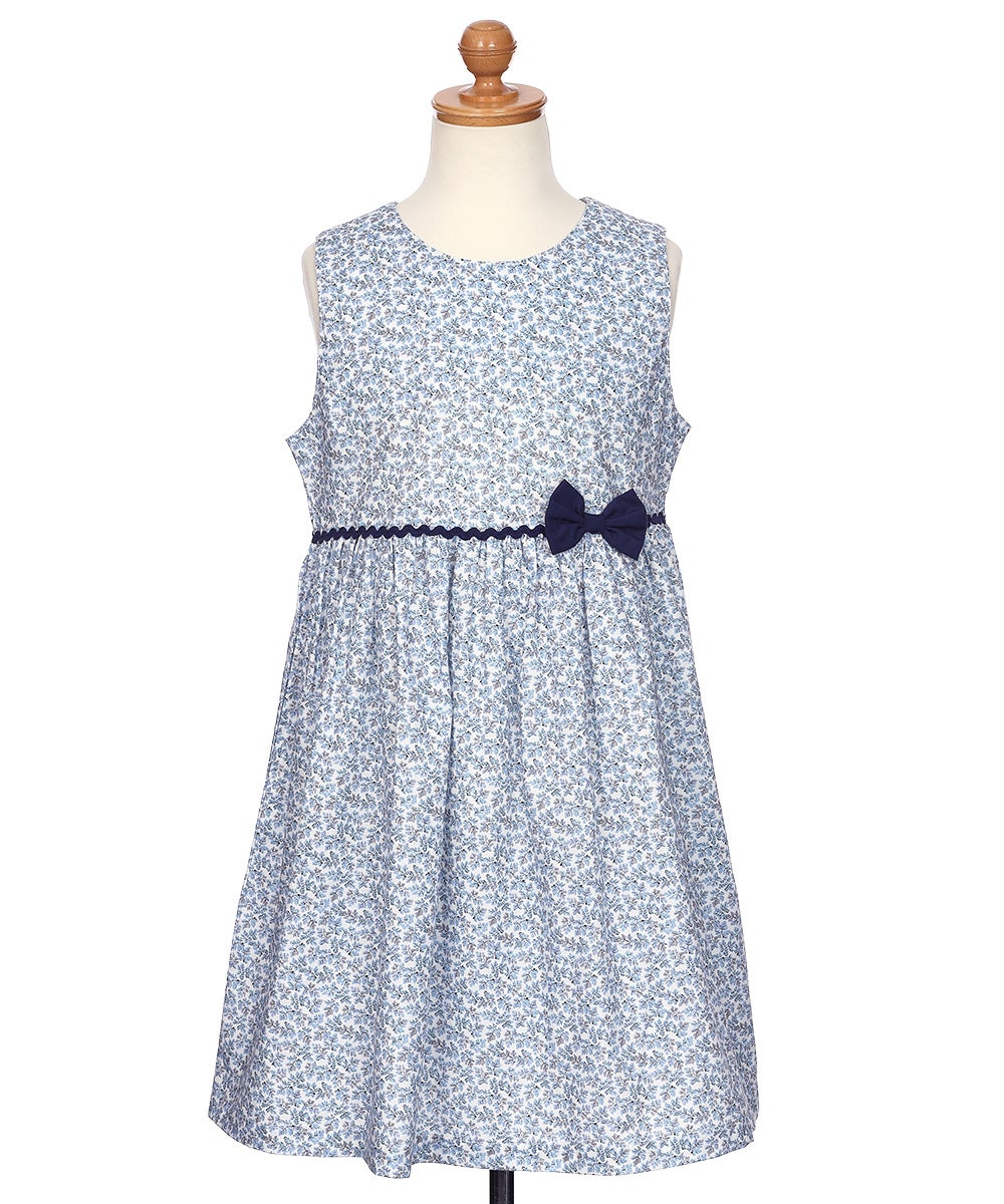ベビー服 女の子 綿100％ 小花柄 リボン ギャザーワンピース ブルー(61) トルソー正面