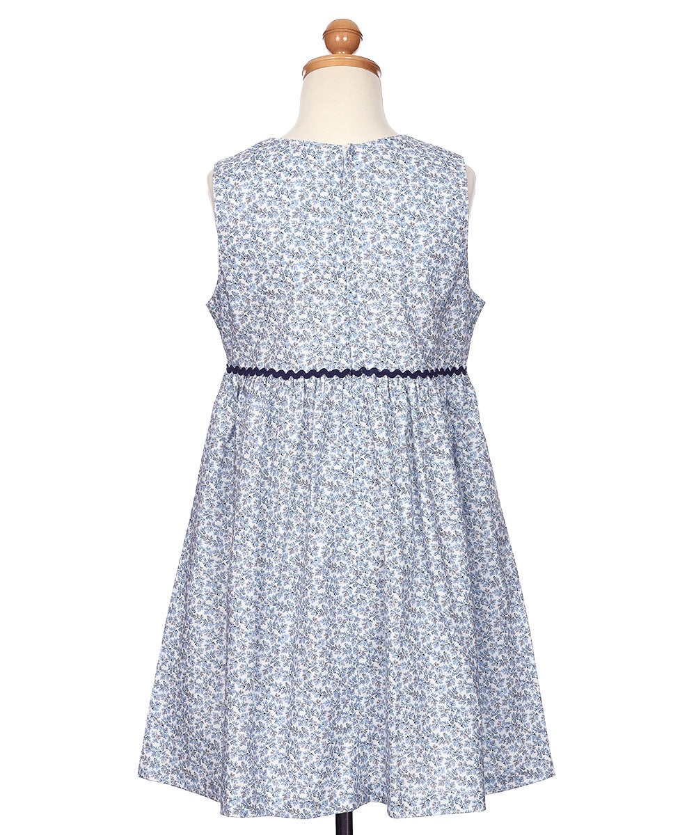 ベビー服 女の子 綿100％ 小花柄 リボン ギャザーワンピース ブルー(61) トルソー背面