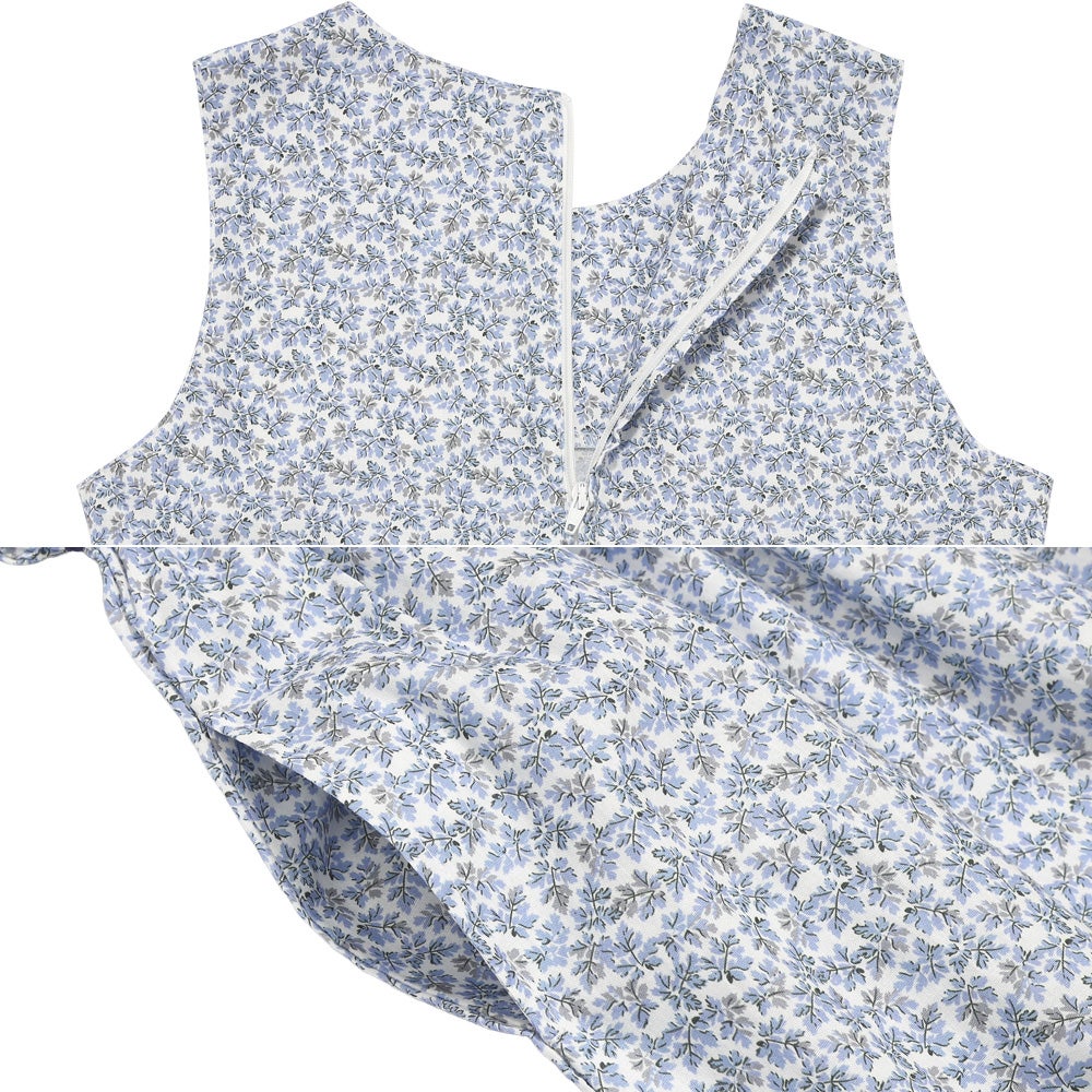 ベビー服 女の子 綿100％ 小花柄 リボン ギャザーワンピース ブルー(61) デザインポイント2