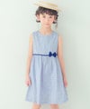 ベビー服 女の子 綿100％ 小花柄 リボン ギャザーワンピース ブルー(61) モデル画像アップ