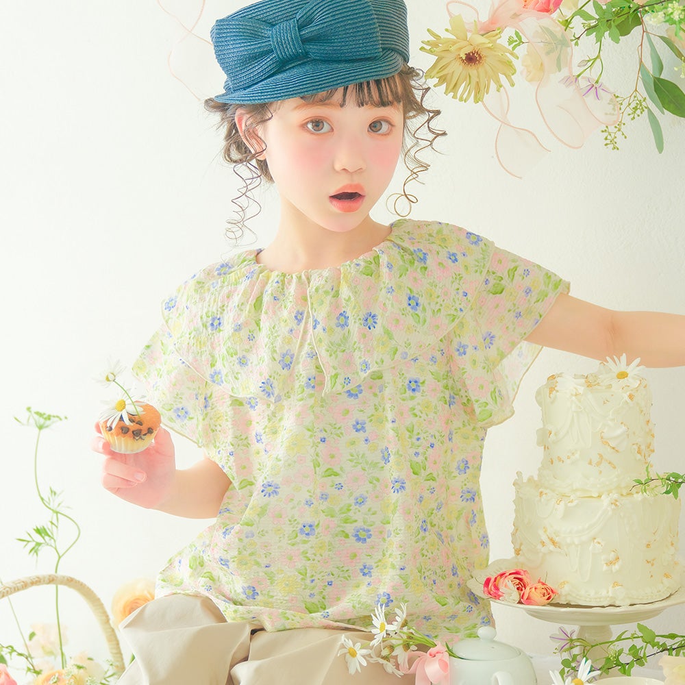 子供服 女の子 花柄 フリル 襟つき 薄手ブラウス