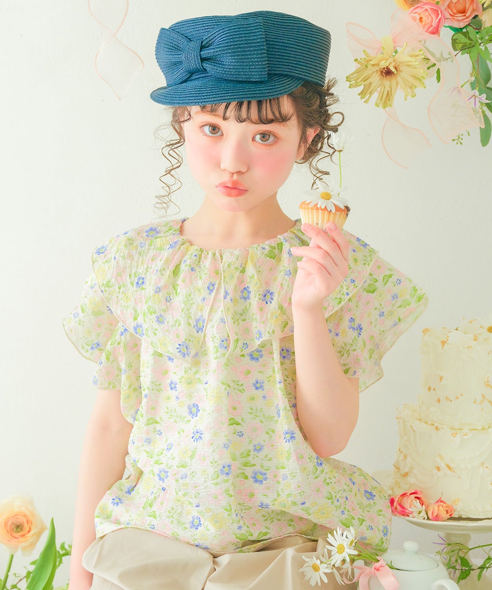 子供服 女の子 花柄 フリル 襟つき 薄手ブラウス イエロー(04) モデル画像アップ