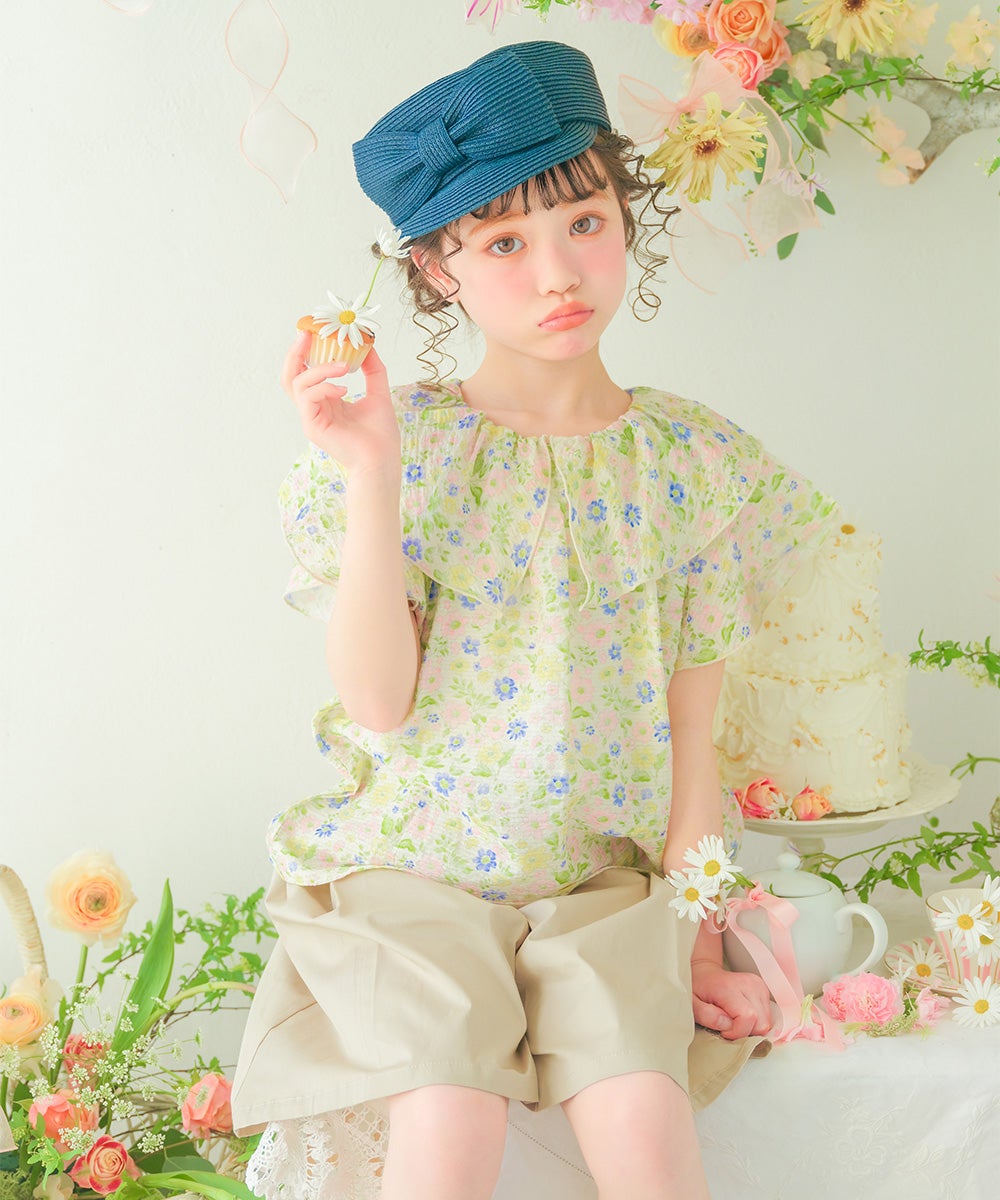 子供服 女の子 花柄 フリル 襟つき 薄手ブラウス イエロー(04) モデル画像1