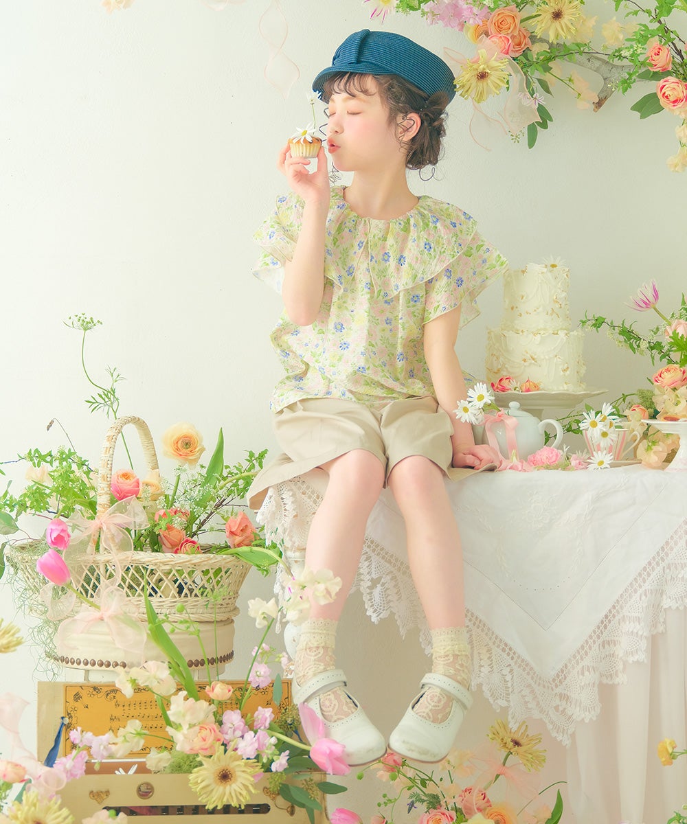 子供服 女の子 花柄 フリル 襟つき 薄手ブラウス イエロー(04) モデル画像2