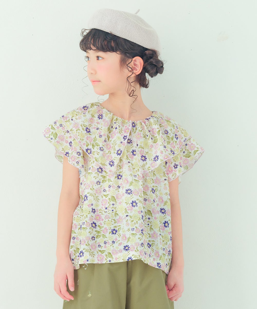 子供服 女の子 花柄 フリル 襟つき 薄手ブラウス パープル(91) モデル画像アップ