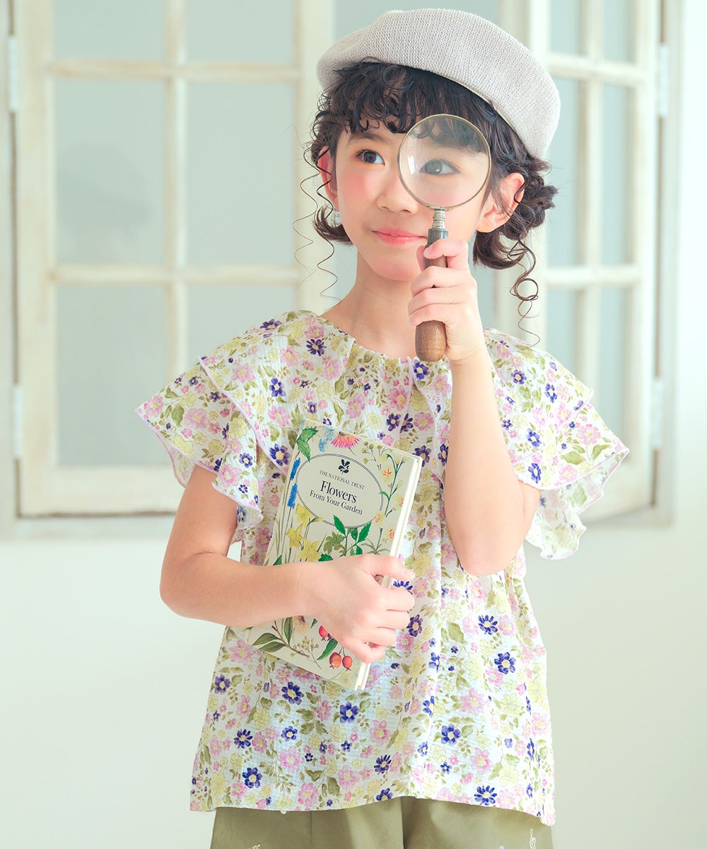 子供服 女の子 花柄 フリル 襟つき 薄手ブラウス パープル(91) モデル画像1