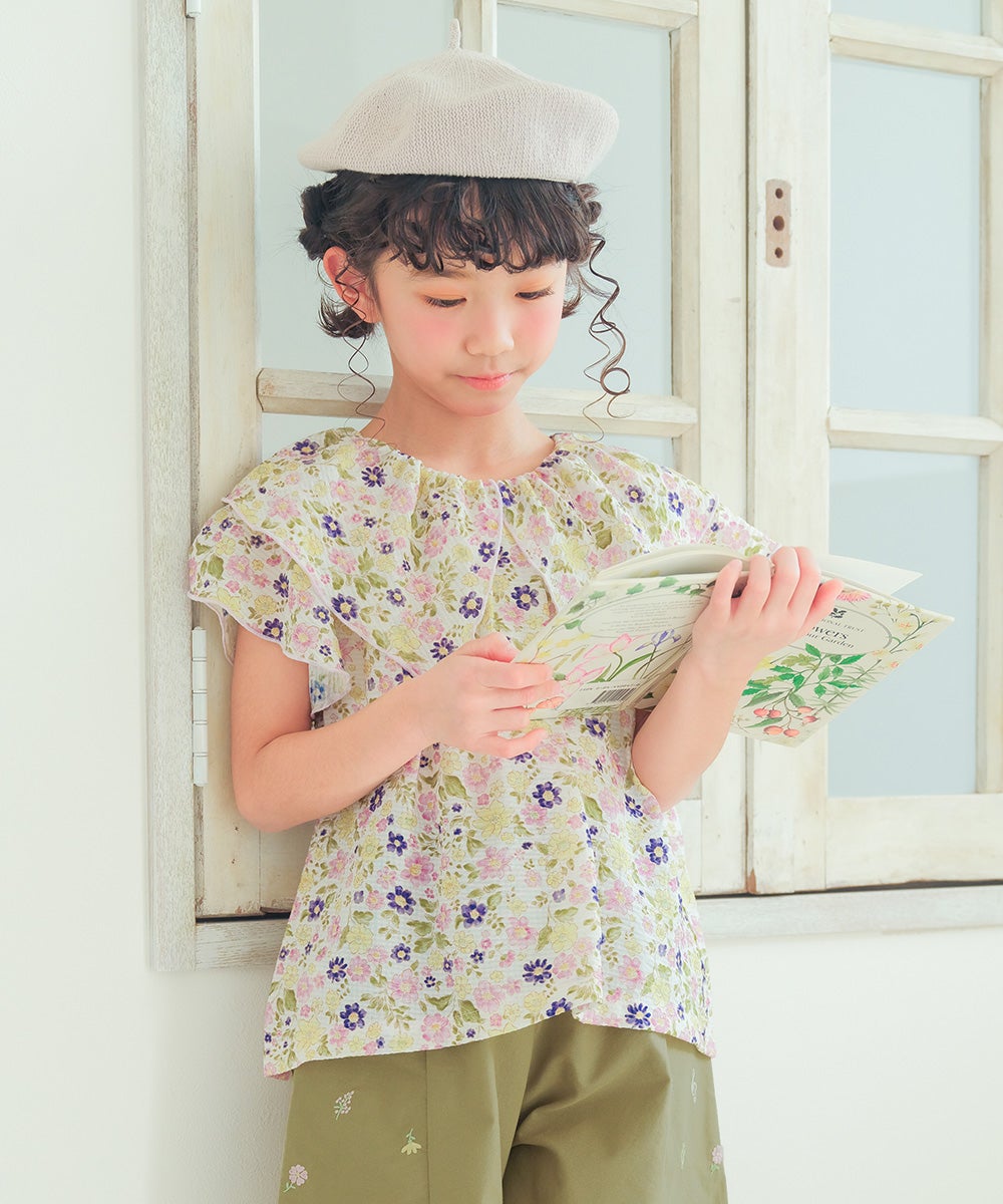 子供服 女の子 花柄 フリル 襟つき 薄手ブラウス パープル(91) モデル画像3